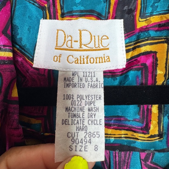 Vintage Da-Rue Multicolored Blouse with Tie, Shoulder Pads, Elastic Waist - Picture 3 of 9